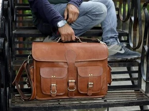 Leather Vintage Laptop Messenger Briefcase Bag Men's Shoulder Brown 15''Handmade - Picture 1 of 7
