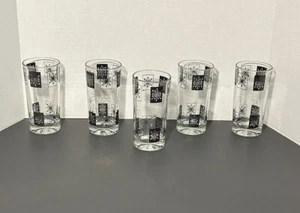 Juego de 5 vasos modernos de mediados de siglo Atomic Starburst negro dorado vidrio de 5,5" de altura - Imagen 1 de 8