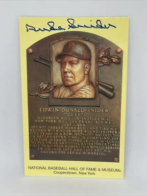 SIGNED Auto HOF Plaque Yellow Postcard DUKE SNIDER Brooklyn Dodgers - Image 1 of 2