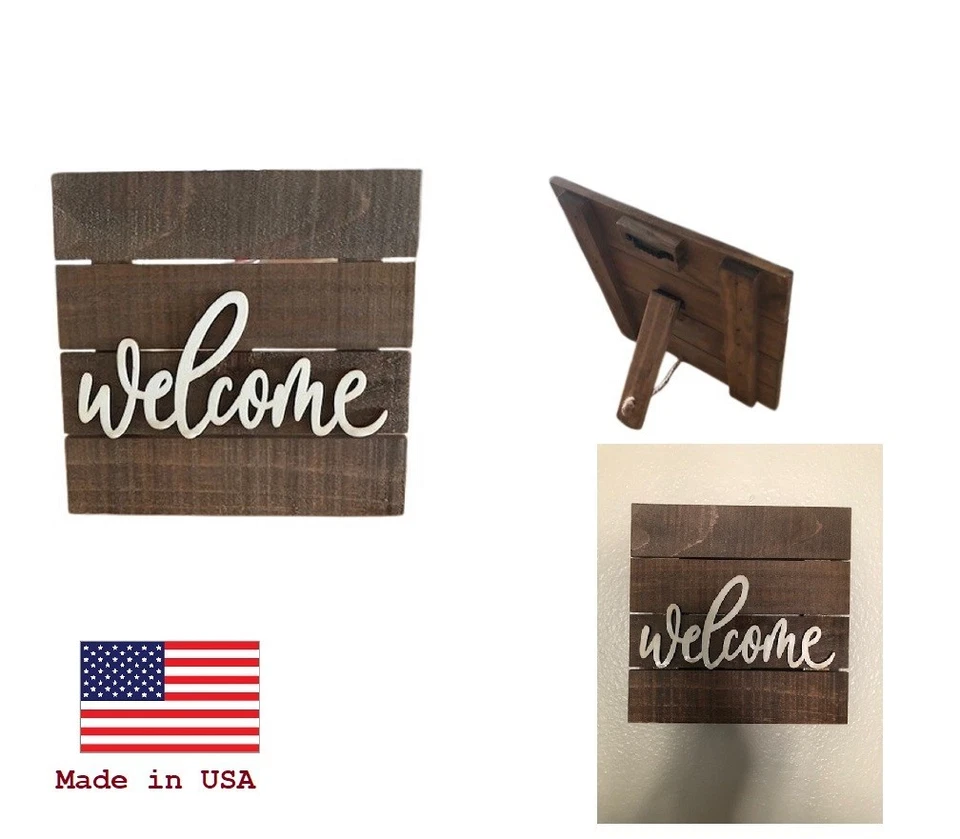 8" x 8" Primitive rustic welcome sign hang on wall/door or stand with easel  USA - Image 1 of 2