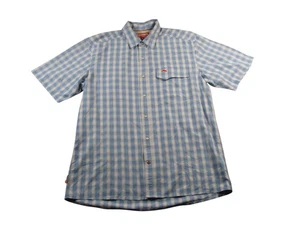 Simms Fishing Shirt Mens Large Blue Plaid Short Sleeve Outdoors Performance Snap - Picture 1 of 14