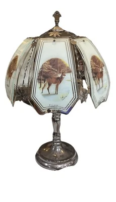 Vintage OK Lighting Glass Panel Deer Hunting Touch Lamp Cabin Man Women Cave - Image 1 of 4