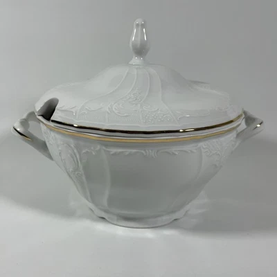 Sopa bohemia Bernadotte con tapa, porcelana blanca fina/borde dorado Foto 1 de 4