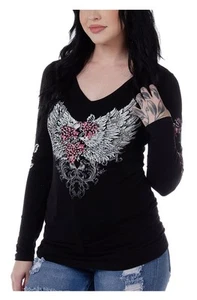 Liberty Wear Women's Embellished Barbed Wire & Roses Long Sleeve Top - Black - Picture 1 of 2