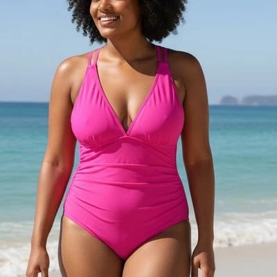 Traje de baño rosa cruzado de una pieza fruncido con espalda XXL para mujer Foto 1 de 4