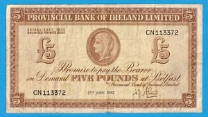 Provincial Bank of Ireland Ltd. 1957 5 Pound Banknote - Writing - Picture 1 of 2