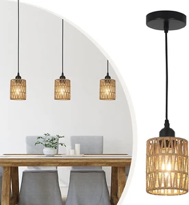 3 Pack Rattan Pendant Lights Kitchen Island, Farmhouse Pendant Lighting with Han - Picture 1 of 9