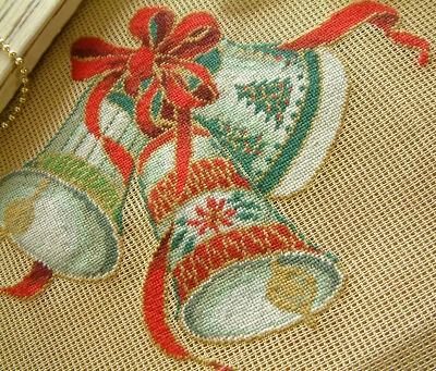 Beautiful Christmas Bells in Ribbon Needlepoint Canvas Preworked Hand Crafted - Image 1 of 4