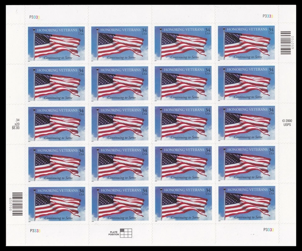 US 3508 Honoring Veterans 34c sheet 20 P3333 MNH 2001 - Image 1 of 1