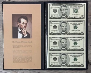 2001 $5 Federal Reserve Note Uncut Sheet of 4 Legal Tender, Display & COA - Picture 1 of 6