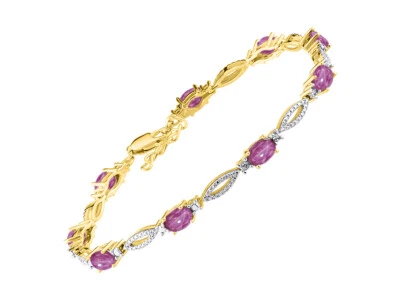 RYLOS STAR RUBY & DIAMOND TENNIS BRACELET YELLOW GOLD PLATED SILVER 7-8"  - Image 1 of 4