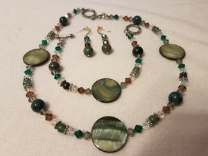 JEWERLY - Abalone Green/Brown Necklace, Bracelet & Pierced Earrings - Like New - Picture 1 of 12