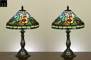 Pair of 2 JT Tiffany Stained Glass Floral Style 12 Inch Bedside Table Lamp - Picture 1 of 9