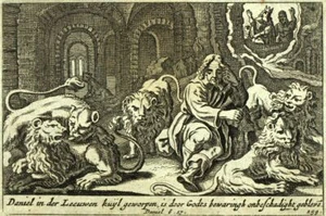1700 Gravure Bible ancien testament LE PROPHÈTE DANIEL DANS LA FOSSE AUX LIONS - Imagen 1 de 2