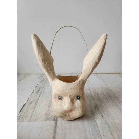 Vintage paper mache Easter bunny face basket home decor Cover
