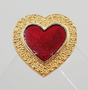 VTG Heart Brooch 1in Textured Gold Tone Thick Red Enamel Resin Valentine Day Pin - Picture 1 of 18