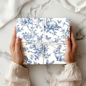 Rabbit Gift Wrap Sheet – Peter Rabbit Style Blue Floral Bunny Wrapping Paper W69 - Picture 1 of 3