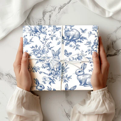 Rabbit Gift Wrap Sheet – Peter Rabbit Style Blue Floral Bunny Wrapping Paper W69 - Image 1 of 3
