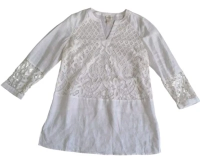 Top de lino Chico's para mujer 0 pequeño blanco superpuesto de encaje manga 3/4 vacaciones románticas Foto 1 de 4
