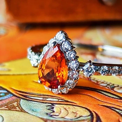 Натуральный спессартин (мандарин) гранат бриллиант платина груши кольцо 【сделано в Японии】 - Изображение 1 из 4