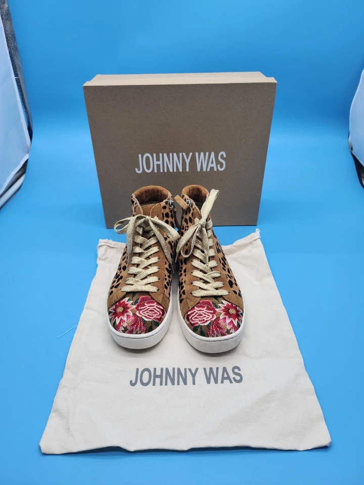 Tênis Johnny Was bordado leopardo cano alto feminino tamanho 7 – camurça... - Imagem 1 de 4