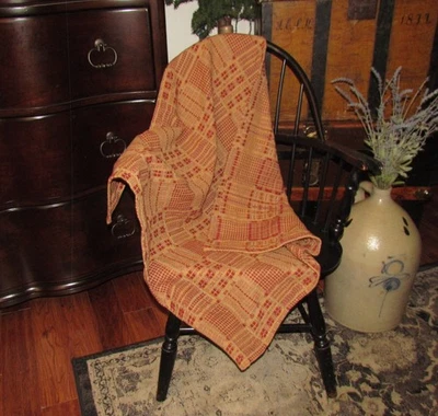 Primitive Cotton Crestwood Red Woven 32" Vtg Style COVERLET Square RQ15RSS - Image 1 of 4