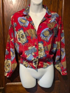 VINTAGE 90s CELESTIAL HERALDRY BLOUSE scarf print red shirt top womens M L 4C - Picture 1 of 12