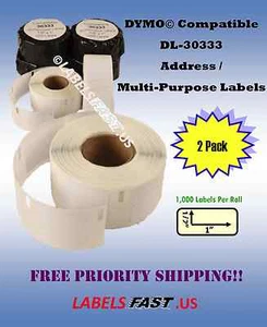 2 Rolls Dymo Compatible 30333 File Folder Tag 1000 Per Roll Twin Turbo BPA Free - Picture 1 of 1