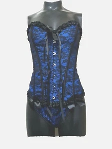 NEW Women's Lace Basque Set with Bow & Ribbon Trim, Blue/Black - L - Picture 1 of 4