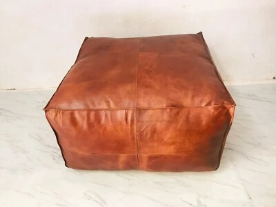 Leather Ottoman Footstool Light Pouffe Moroccan Brown Pouf Handmade Stool Square - Image 1 of 4