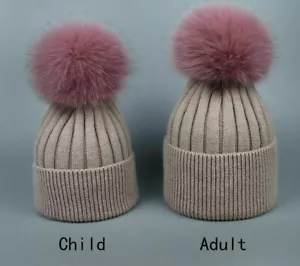 Fuchsfell warme Wintermütze mit Ball für Frauen Kind Mädchen Wolle dick Strickmütze - Bild 1 von 18