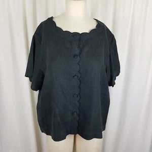 Vintage Orvis Woven Linen Short Sleeve Blazer Jacket Womens L Scalloped Trim - Picture 1 of 5