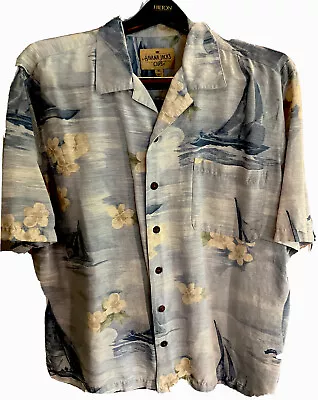 Hawaiian Shirt Blue Silk Men XL Button Up Tropical SAILBOAT FLOWERS OCEAN ISLAND - Image 1 of 4