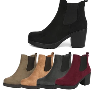 Women Chelsea Boots Chunky Block High Heel Slip On Suede Ankle Boots - Picture 1 of 56
