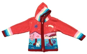 Peruvian Sweater Hoodie Girls 3-4 Pink Alpaca Chickens Birds Sun Flowers *hole - Picture 1 of 10