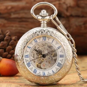 Retro Unisex Skeleton Hand-wind Mechanical Pocket Watch FOB Chain Roman Number - Picture 1 of 9