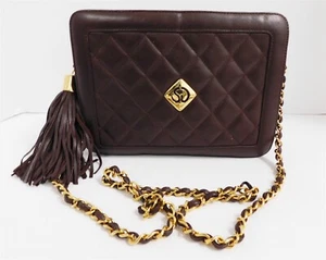 St John Brown Quilted Leather Gold Chain Medium Crossbody Tassel Bag - Picture 1 of 6