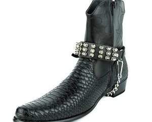 Biker Men Western Women Boots Strap 3 row Spikes and Chain Punk Goth Metal - Picture 1 of 4
