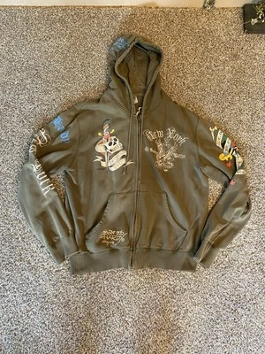 DE COLECCIÓN ED HARDY CHRISTIAN AUDIGIER SUDADERA CON CAPUCHA CREMALLERA COMPLETA VERDE BORDADO SERIGRAFÍA Foto 1 de 4