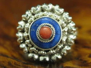 Argento Sterling Anello Con Korall & Lapislazzuli Ricoperto / Vero / 11,6g - Foto 1 di 3