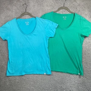 2 Oakley Womens T Shirt Short Sleeve V Neck Top Green Blue Teal Pair Of 2 Size L - Picture 1 of 12