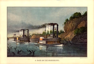 Currier & Ives 1968 Travelers Ins Calendar Topper Art Print Race on Mississippi - Picture 1 of 2
