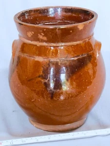 Rare antique redware crock urn manganese splotch  ear handles early 19th c Maine - Picture 1 of 8