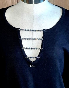 QUACKER FACTORY LIGHTWEIGHT BLACK V NECK SWEATER W/ RHINESTONES - Picture 1 of 8