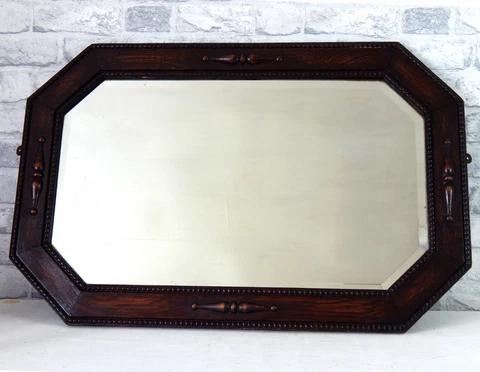 Large Oak Wood Antique Edwardian Victorian Octagonal Wall Mirror Wooden Beveled Cover