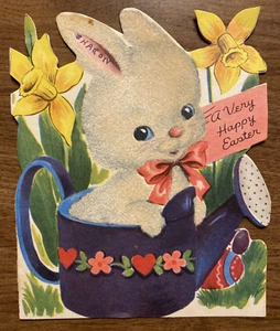 Vtg 1940s Happy Easter Greeting Card Bunny in Water Can Gardening Flowers P3B - Picture 1 of 23