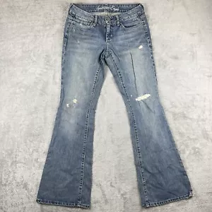 American Eagle Real Flare Denim Jeans Size 2R Y2K Distressed Light Wash Low Rise - Picture 1 of 12