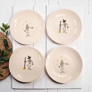 4 Older Magenta Rae Dunn Halloween Skeleton Broom Candy Corn Dessert Plates 6" - Picture 1 of 13