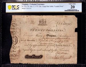 JULY 17 1775 VIRGINIA 20 SHILLINGS LONDON NOTE COLONIAL VA-77B PCGS B VF 20 - Picture 1 of 4