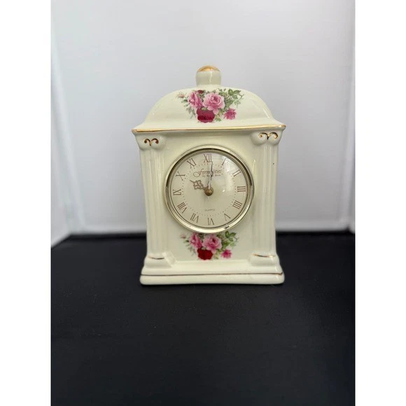 Reloj de porcelana de escritorio vintage años 80 Baum Bros estilo francés rosa floral Foto 1 de 4